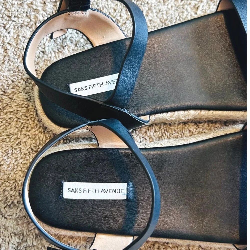 Saks Fifth Avenue Boho Black Leather Espadrille Platform Ankle Sandals SZ 9